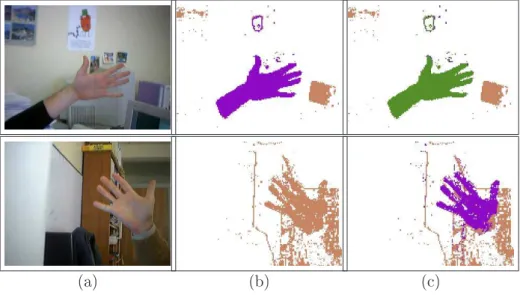 Fig. 3.8  Deux exemples de segmentation : (a) images originales, (b) segmentations par 
hrominan
e, (
) segmentations par 
hrominan
e puis luminan
e