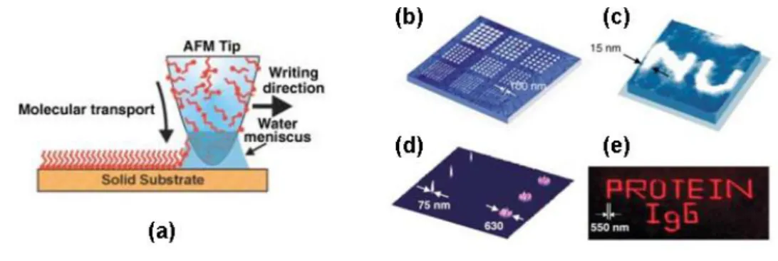 Figure 1.19: Dip-pen lithography, principle of operation and fabricated patterns [98]