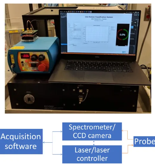 Figure  3.1 :  (top)  Picture  of  the  assembled  RS  system  with  laser,  computer  running  acquisition  software  and  spectrometer