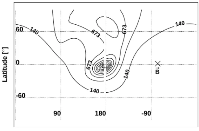 Fig. 6. Spatial power distribution of f =0.133 Hz and k=0.005 km − 1 . The cross denotes the direction of the ambient magnetic field B.