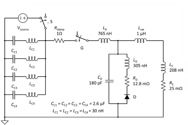 Figure 4.8: Detailed equivalent circuit of the lightning current emulator. V source : high voltage (DC)