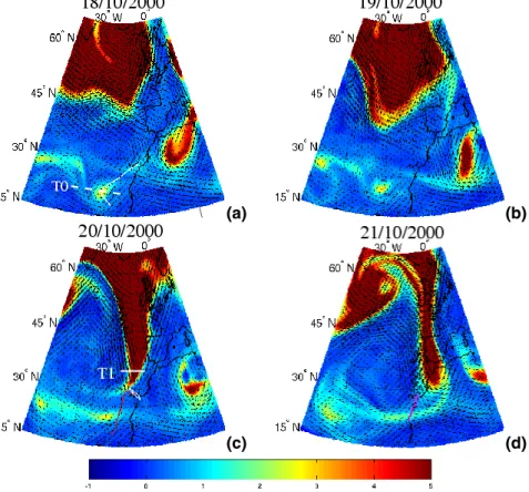 Fig. 1. ECMWF analyses at 12:00 UTC from 18 October (a) to 21 October 2000 (d): evolution