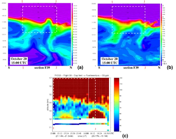 Fig. 5. (a) and (b): Meso-NH-C vertical cross sections (from South to North) on 20 October,