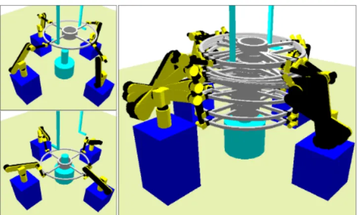 Fig. 7. Motion planning problem for four robotic arms manipulating an object. Start and goal configurations (left) and trace of the solution path (right).