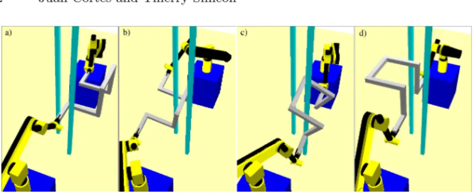 Fig. 8. Sequence of the solution to a difficult motion planning problem for two robotic arms manipulating an object among obstacles
