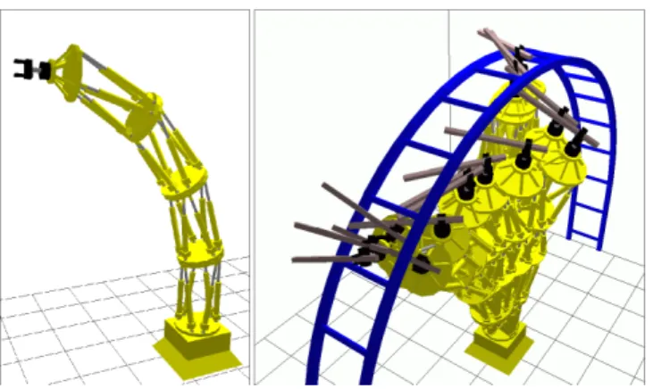 Fig. 9. Model of the robot Logabex-LX4, composed of four Gough-Stewart platforms connected in series, and trace of a collision-free path.