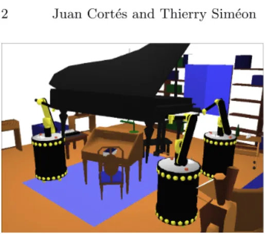 Fig. 1. A “closed-chain” version of the piano mover’s problem. The  pi-ano is moved by three cooperating mobile manipulators, creating  multi-ple closed kinematic chains.