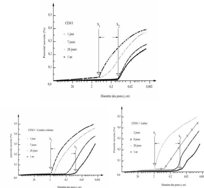 Figure I.A. 5 : Influence des additions minérales sur la structure poreuse au cours du temps  d’après [Feldman, 1983]