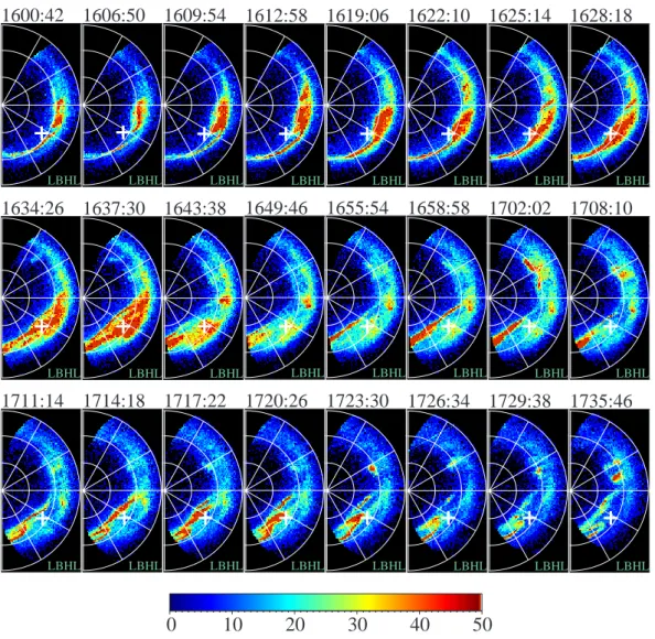 Fig. 4. A sequence of Polar UVI images recorded on 16 December 1998 between 16:00:42 and 17:35:46 UT