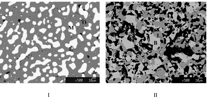 Figure 5.2: Typical backscattered SEM micrographs of the equilibrated phases in the MgO–NiO (I)  and CaO–NiO (II) systems