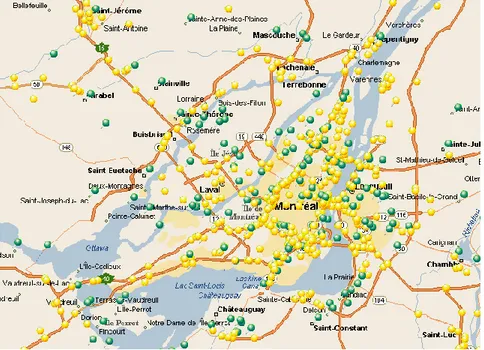 Figure 3.19 : Localisation des accidents TMD de Montréal et de ces environs (en vert =  localisation MapPoint, en jaune = localisation manuelle) 