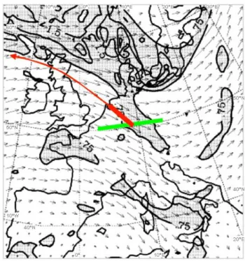 Fig. 7. Pressure (contours every 50 hPa) and wind (vectors, shading