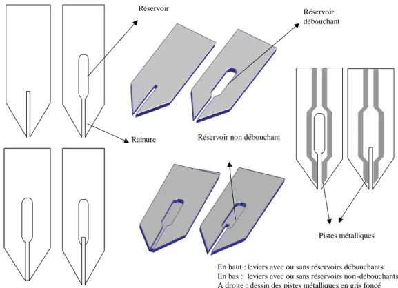Fig. 2.3 : Description des diff´erentes configurations concernant les microleviers contenant les r´eservoirs