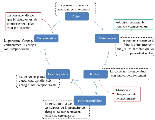 Figure 2-1 : Schéma représentant les différentes étapes de changement de comportement selon le  modèle transthéorique du changement (Prochaska &amp; DiClemente, 1982) 
