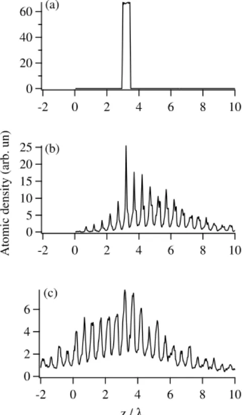 FIG. 4. Numerical results obtained by a semi-classical Monte-Carlo simulation, showing the temporal evolution of the spatial distribution of the atoms, for θ = 45 ◦ , ∆/Γ = 2, Ω/Γ = 1.8, Ω