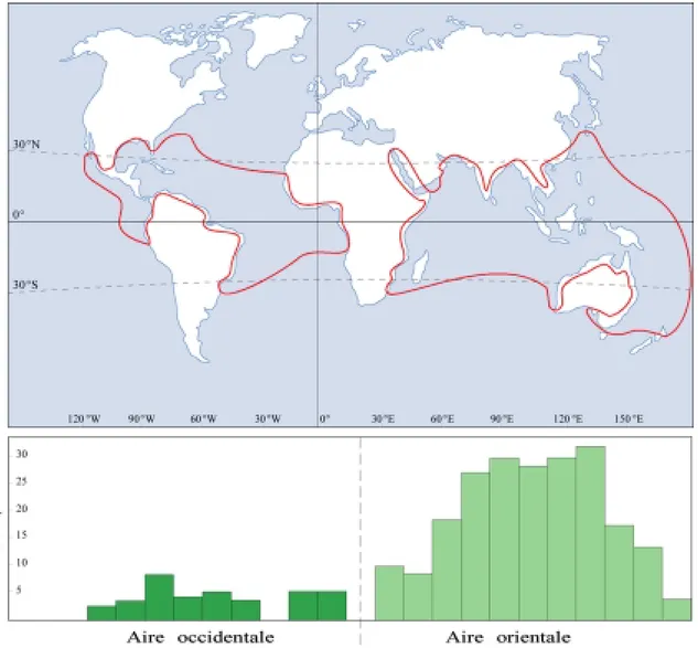 Figure 1 : Répartition et richesse spécifique de la mangrove à travers le monde (D’après Tomlinson,1986).