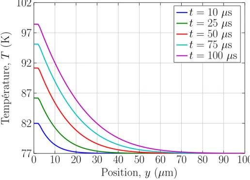Figure 1.3 Profil simulé de la température sur l’épaisseur d’un ruban STI pour différents temps avec une source de chaleur Q = ρAg J 2