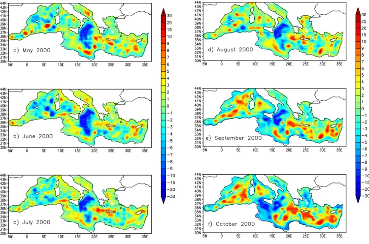 Fig. 6. Monthly mean of MFSPP SLA analysis in cm for (a) May 2000, (b) June 2000, (c) July 2000, (d) August 2000, (e) September 2000, (f) October 2000.