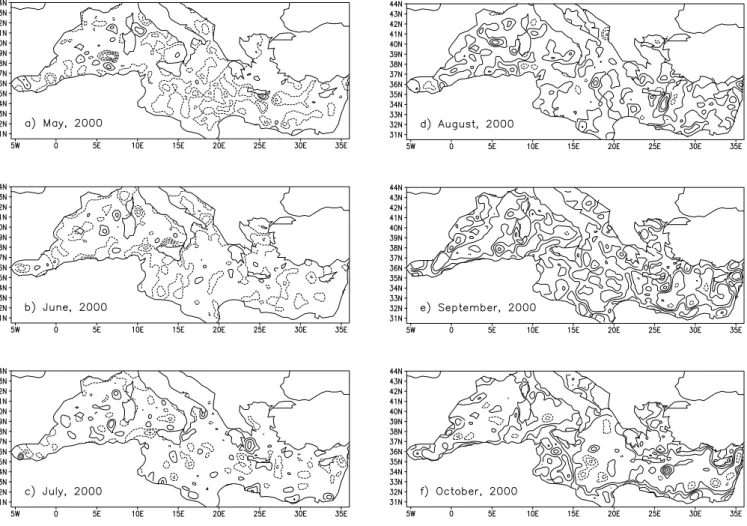Fig. 7. Difference between monthly mean OA SLA computed only from satellite observations (see the text) and monthly mean of MFSPP SLA analysis for (a) May 2000, (b) June 2000, (c) July 2000, (d) August 2000, (e) September 2000, (f) October 2000