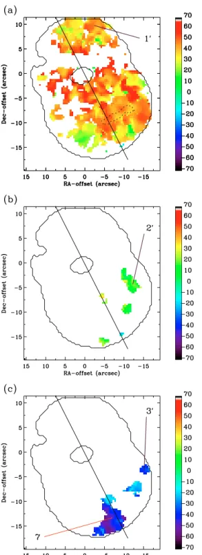 Fig. 7. LSR velocity maps of the three Br γ structures other than “main” (color scales in km s −1 )