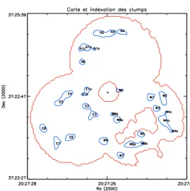 Fig. 10. Isocontour at 75% of the emission line peaks from Fig. 3 showing the clumpy structure of the warm H2 gas.