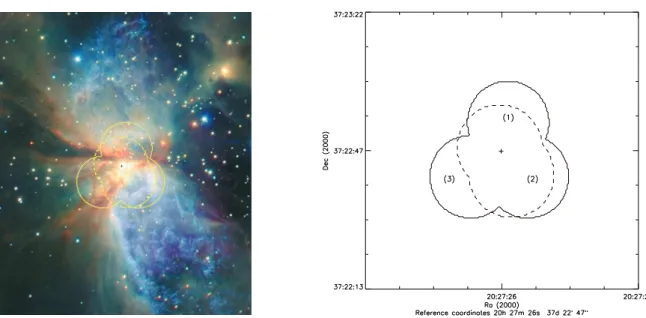 Fig. 1. The Br γ (dashed) and H 2 2.12 µm (solid) fields observed with BEAR. Left: superimposed on the composite JHK  image (J in blue, H in green and K  in red) taken by Oasa (2001)