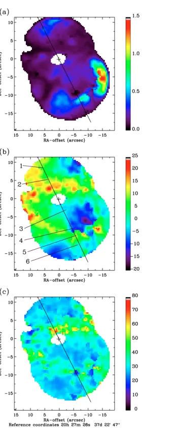 Fig. 6. Br γ “main” component. a) Integrated intensity in 10 −17 W m −2 /pixel; b) LSR velocity map of the line centers (color scale in km s −1 ); c) linewidths map (FWHM) in km s −1 
