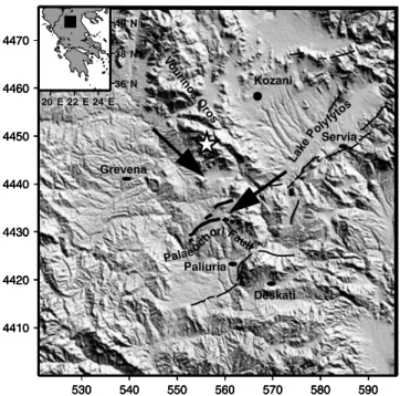 Figure 1. Location map of the 1995 Kozani-Grevena earthquake on a Dig-