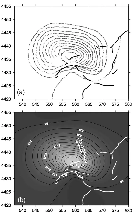 Figure 3. Digitized fringes (a) subsequently interpolated on a regular grid and (b) with the faults drawn for the 12219–22583 interferogram