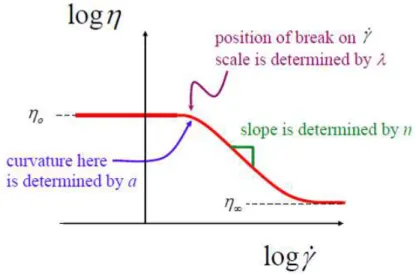 Figure 1-9: Viscosité en fonction du taux de cisaillement pour un fluide de Carreau-Yasuda  (Morrison, 2001) 