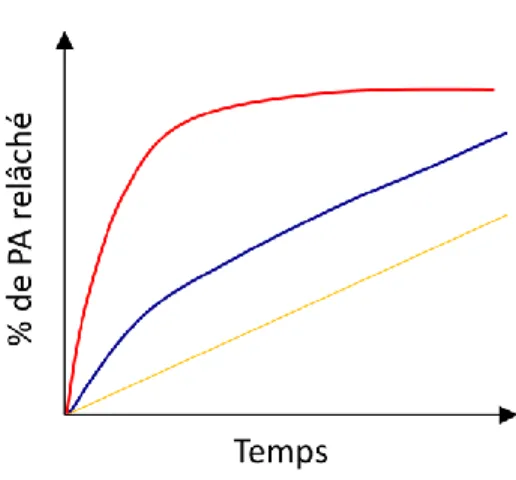 Figure 2.5 : Courbes de libération caractéristiques. En rouge, la libération est brutale («Burst  release»)