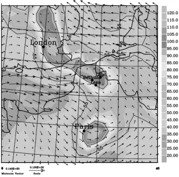 Figure 7. Zoom on northern France of Ozone surface concentrations (in ppb) superimposed upon wind fields on 12 August 1997 at 1500 UTC (after 39 hours of simulation)