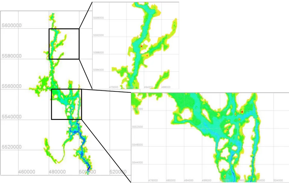 Figure 4-16 Maillage d’Outardes 4 à 142000 nœuds – Système de coordonnées UTM zone 19 avec un datum NAD83 