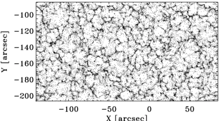 Fig. 5. This plot shows the final positions of about 30 000 “corks” or tracers after 4 hours, that were initially  dis-tributed regularly and allow to freely flow on the velocity fields