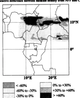 Figure 4.  Difference between assessment  of biomass  density  from net primary productivity  (NPP) and classification  of veg-  etation formations  (CV)  (NPP biomass  density  -  CV biomass  density)