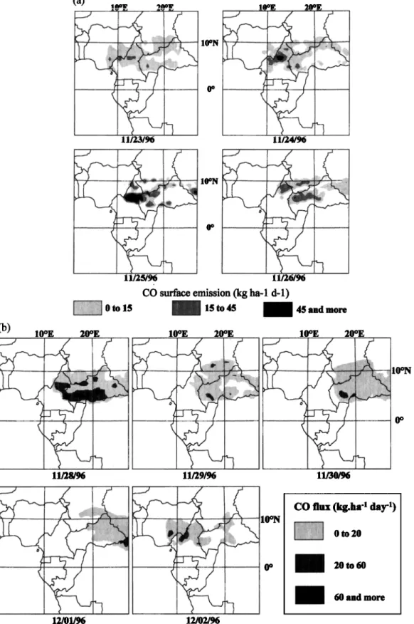 Figure 5.  Emitted carbon  monoxide  fluxes  at the surface  for (a) November  23, 24, 25, and 26, 1996, and (b)  November 28, 29, and 30, and December 1 and 2
