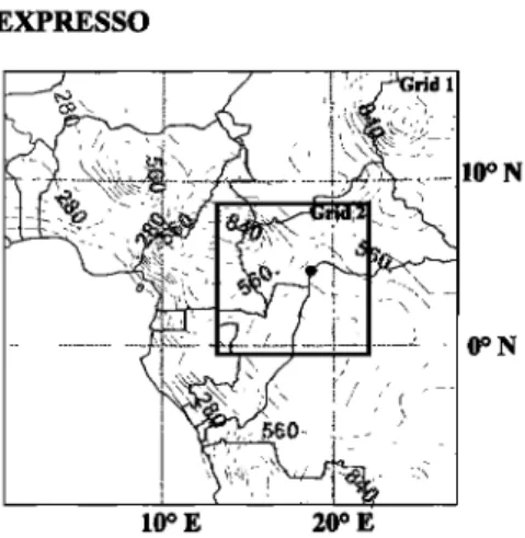 Figure 6.  Topography  in meters and two nested grids in the  simulated domain. The  coarse grid (or  grid 1)  has 50 grid  points with spacing  of 60 km, and the fine grid (or grid 2) has  50 grid points with spacing  of 20 km