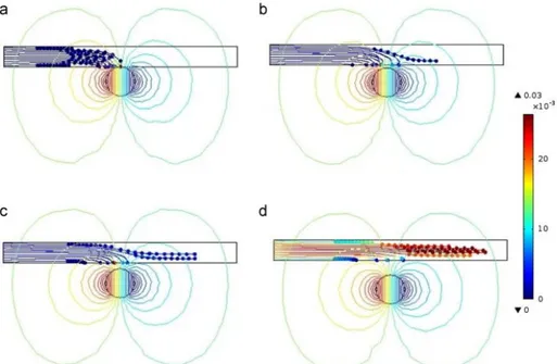Figure 2-10 :   Simulation de trajectoires de nanoparticules magnétiques dans un vaisseau sanguin  pour différentes position de l’aimant (a) 2.5cm (b) 3.5cm (c) 4.5cm (d) 5.5cm 56