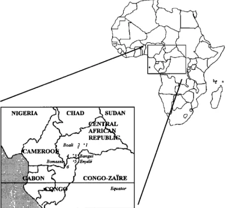 Figure  3. Map of central  Africa  showing  the area  investigated  and the studied  sites  (1, 2, woodland  savanna; 
