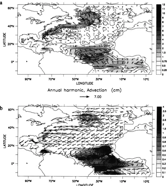 Figure 7. (a) Same as Figure 6a but for the simulated  advection  (in cm). (b) Annual harmonic of the simulated  advection normalized by the annual harmonic amplitude of the simulated SSH