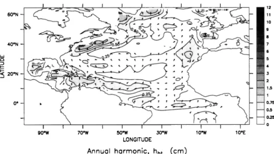 Figure 11. Difference between the T/P sea surface  height and the ECMWF heat flux induced  steric height annual  harmonics  normalized by the annual amplitude of  SSH (both harmonics  are relative to the October 1992 to  September  1997 period)