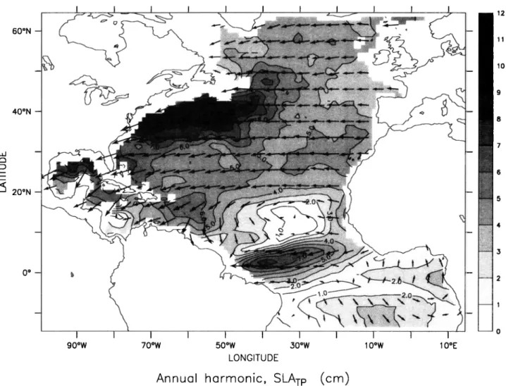 Figure  1. Annual  harmonic  phase  and  amplitude  of the  sea  level  as  measured  by  TOPEX/Poseidon  (T/P)  during  the 