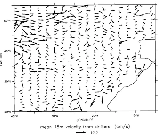 Figure 5. Mean currents  at 15 m depth  gridded  on a 2 ø x 0.5  ø longitude  by latitude  grid from drifter  velocities  in  1993-1998  in the eastern  North  Atlantic  (cm s'])