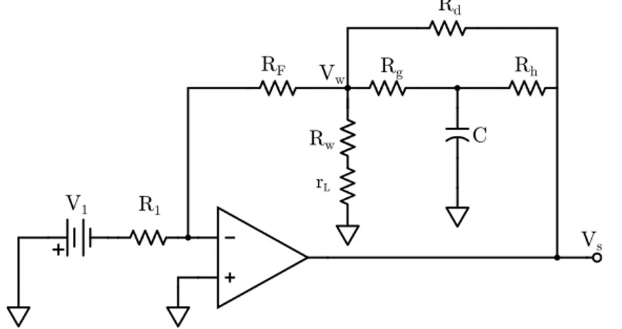 Figure 2.7: Electronic circuit of the CVA anemometer (R w : sensing wire).