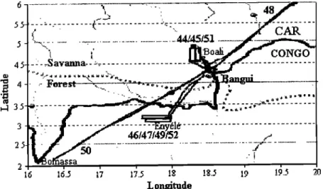 Figure 7.  Flight areas  during  the EXPRESSO  campaign.  Flight numbers  are specified  under  each  flight  track (thin lines)