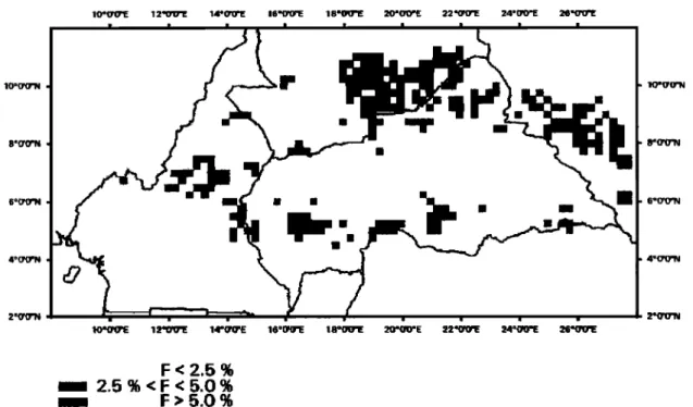 Figure 8.  Detection  of active  fires during  the dry season  field experiment:  percentage  of AVHRR pixels  detected  as fire pixels  in 0.25øx0.25  ø cell for 25 days  between  October  31 and December  2, 1996