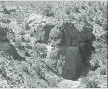 Figure 11. Sheeted outcrop at Stop 1.12. The sheet outlined by the  dashed line is undeformed and 1 m thick