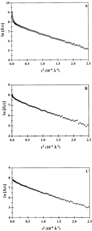 Fig. 3. Guinier plots of 5 mg/ml arcelin-1 solutions in (A) 0.1 M MES pH 5 4.9 and in the same buffer supplemented with (B) 1.0 M  so-dium thiocyanate (I 5 1.1 M)
