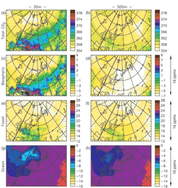 Fig. 5. Monthly means simulated CO 2 mixing ratio (in ppmv) in July 1998 in the boundary layer at 30 m and 300 m above ground, the first two model vertical layers in REMO