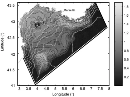 Fig. 7. Ensemble standard deviation for 13 April, 0730Z for the surface elevation anomaly (cm) in Ensemble B ′ .